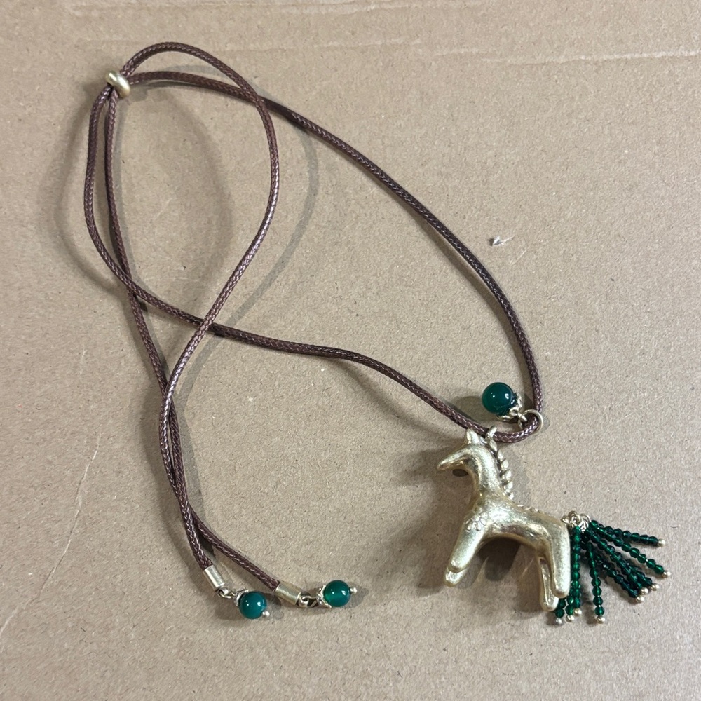 Gold Horse Pendant Necklace with Green Accents
